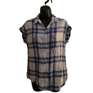 beach lunch lounge Blue/White Button Up Plaid Top Size Medium